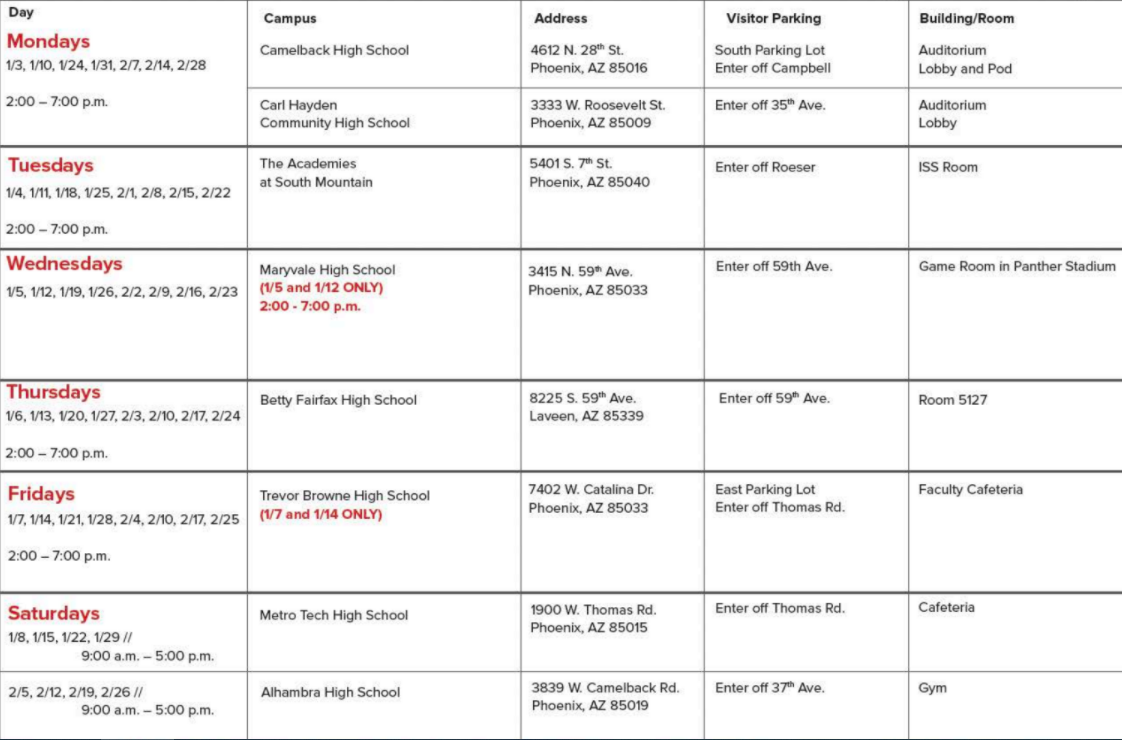 Phoenix Union Vaccination Location Table